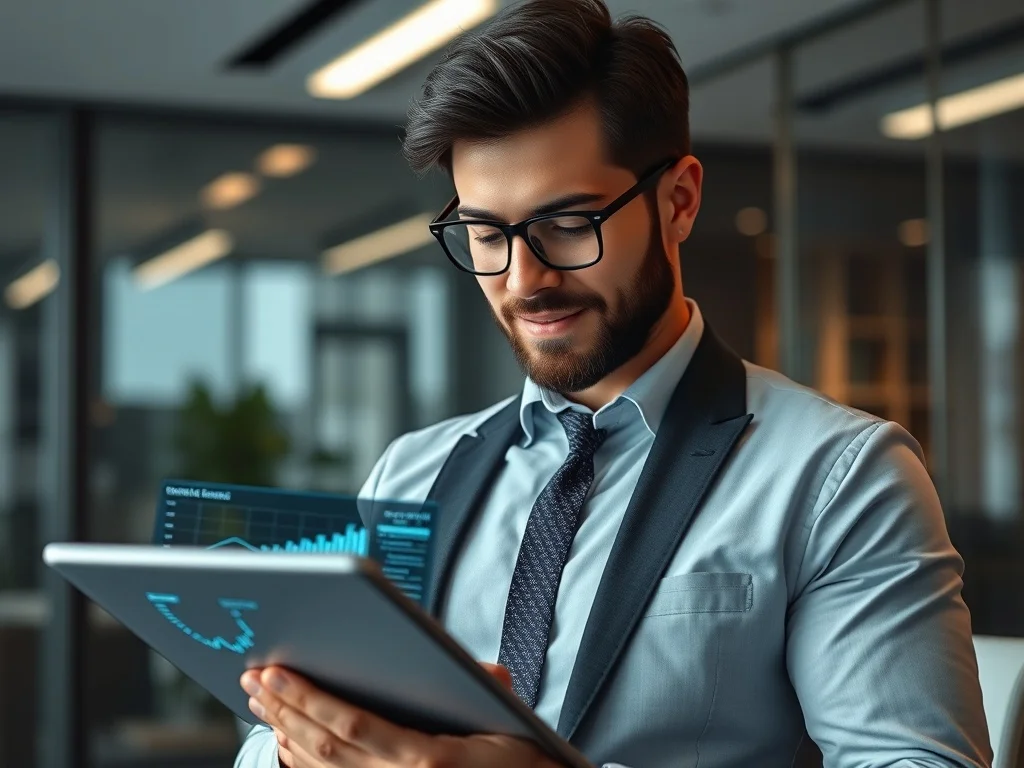 ai literacy for managers — confident manager reviewing AI insights on a tablet in a modern office setting