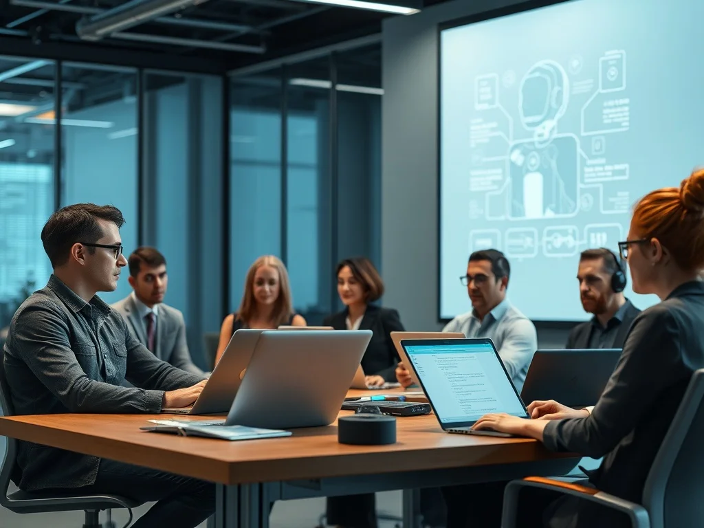 ai training for employees — team members learning AI tools in a professional office workshop