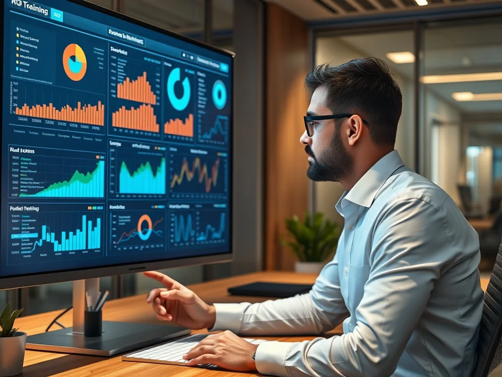 ai training roi for companies — business analyst reviewing AI training ROI metrics and performance data on dashboard