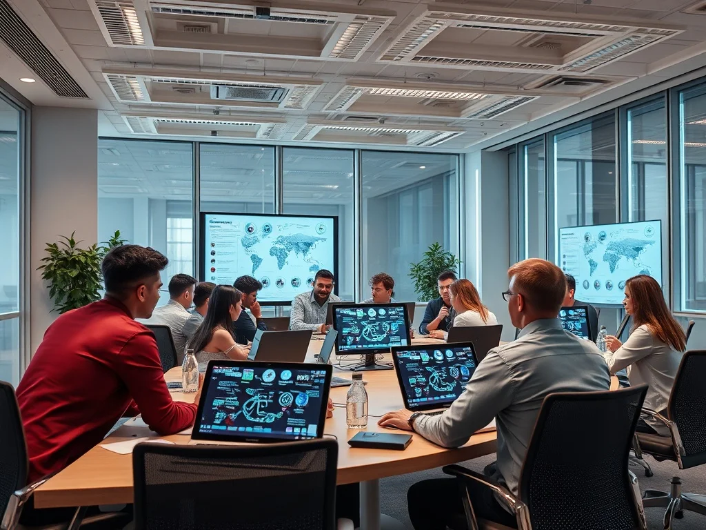 enterprise ai skills — corporate training room with employees developing AI competencies on laptops